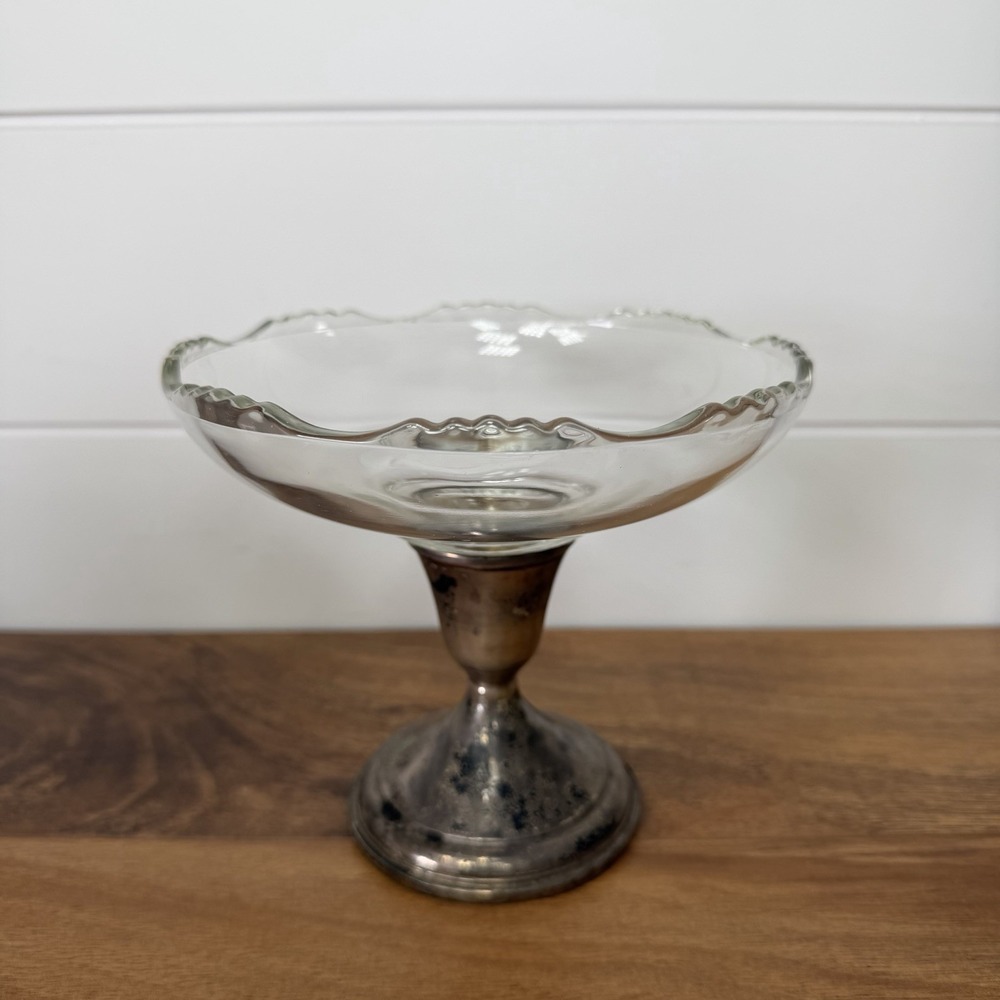 VTG B-I Binder Bros Sterling Silver Weighted Glass Compote Candy Dish Patina